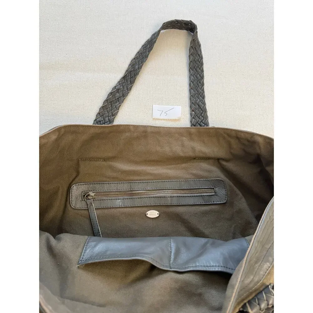 EUC Ambre Babzoe Canvas Lamb Leather Tote Bag Braided Leather Straps Brown Gray